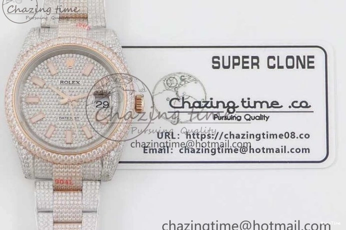 MiroTime 0601 Datejust 41 SS RG Full Diamonds TWF 1:1 Best Edition Diamonds Stick Markers Dial on Bracelet A Refined 2400